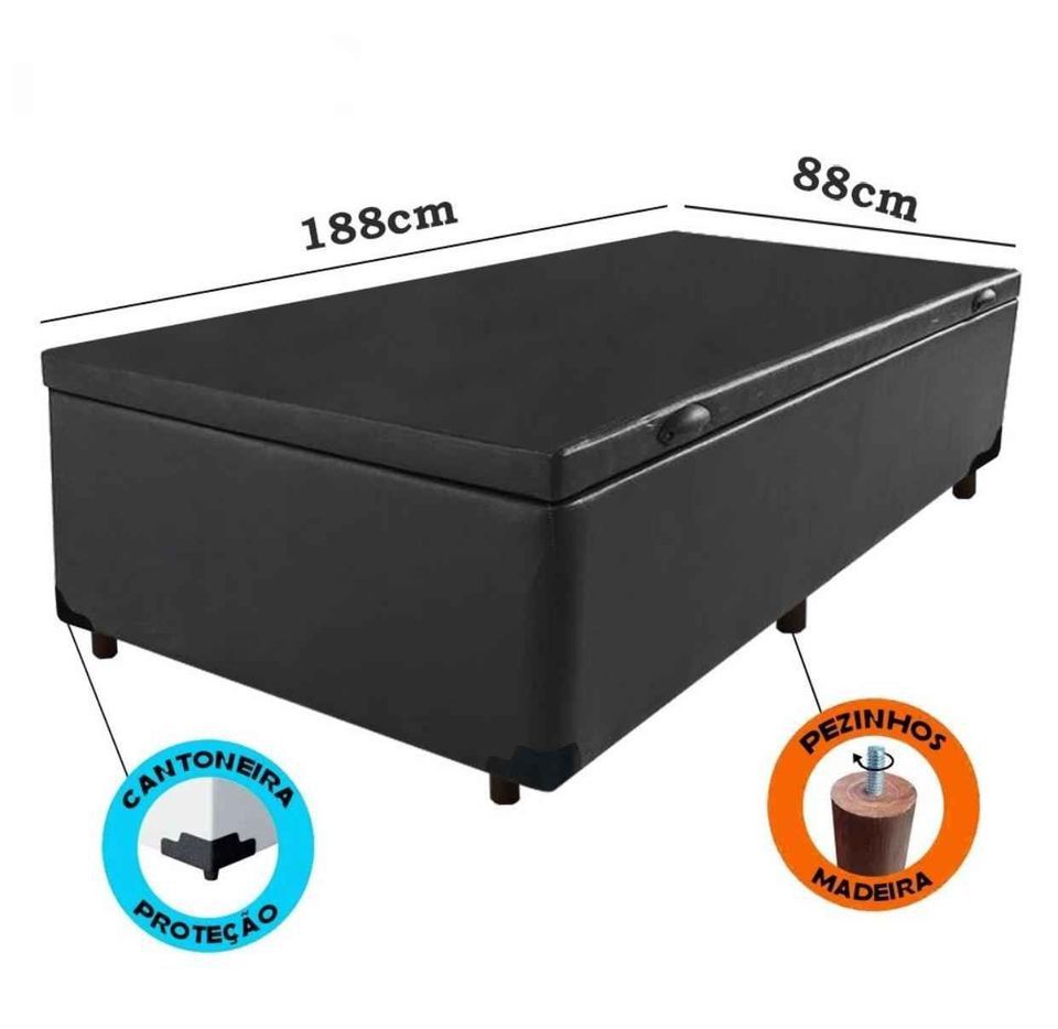 Cama Box Baú Solteiro Corino Preto Com P ...